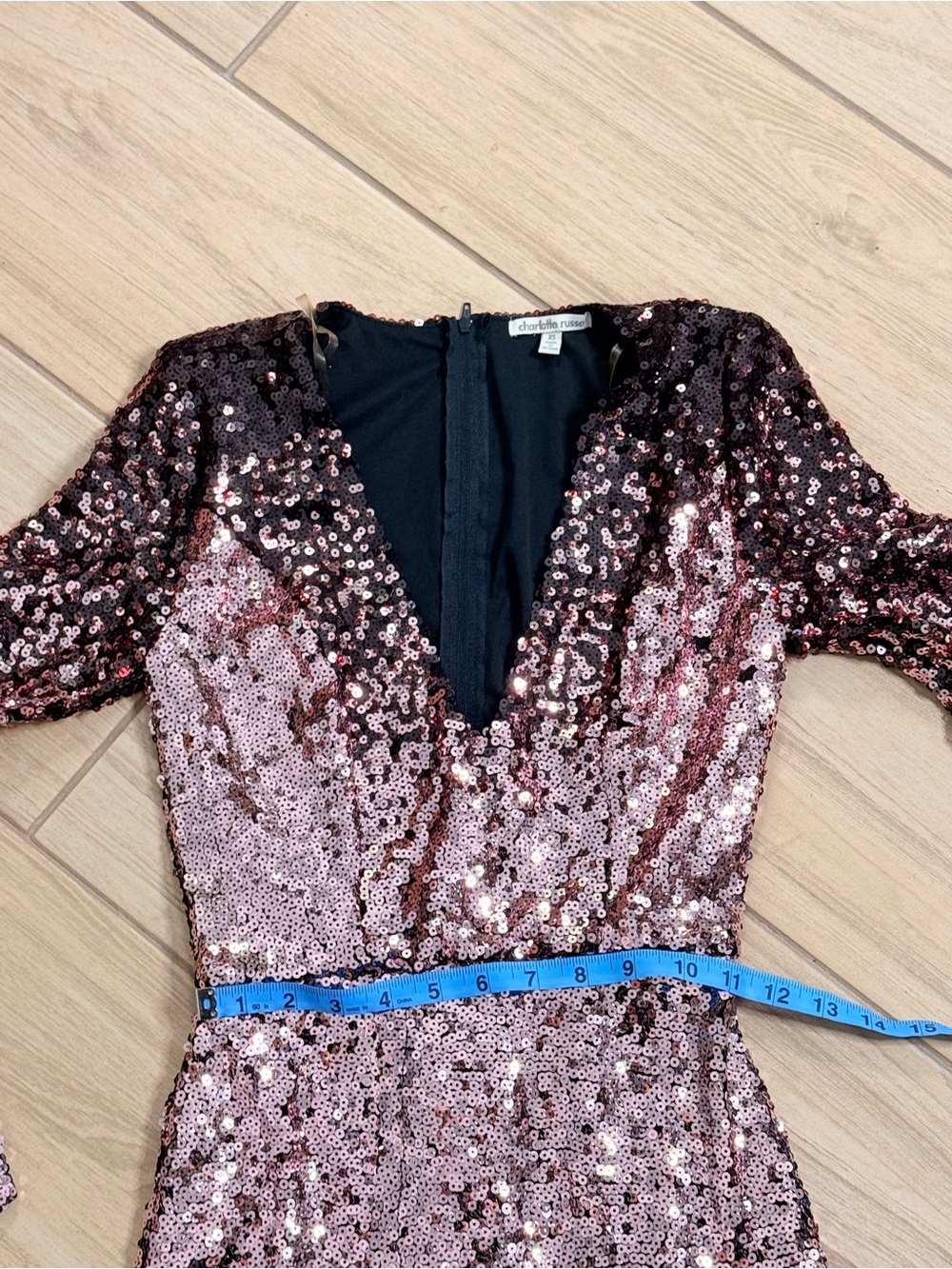Charlotte Russe Y2K XS Rose Gold Sequin Bodycon Mini Dress Long Sleeve V - Picture 4 of 6